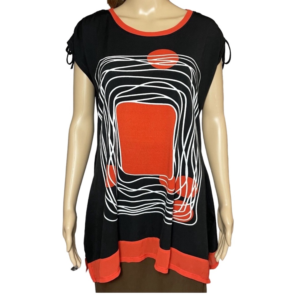Patrizia Luca Black Red /Orange Short Sleeve Top Size Med Raw Edge Detail